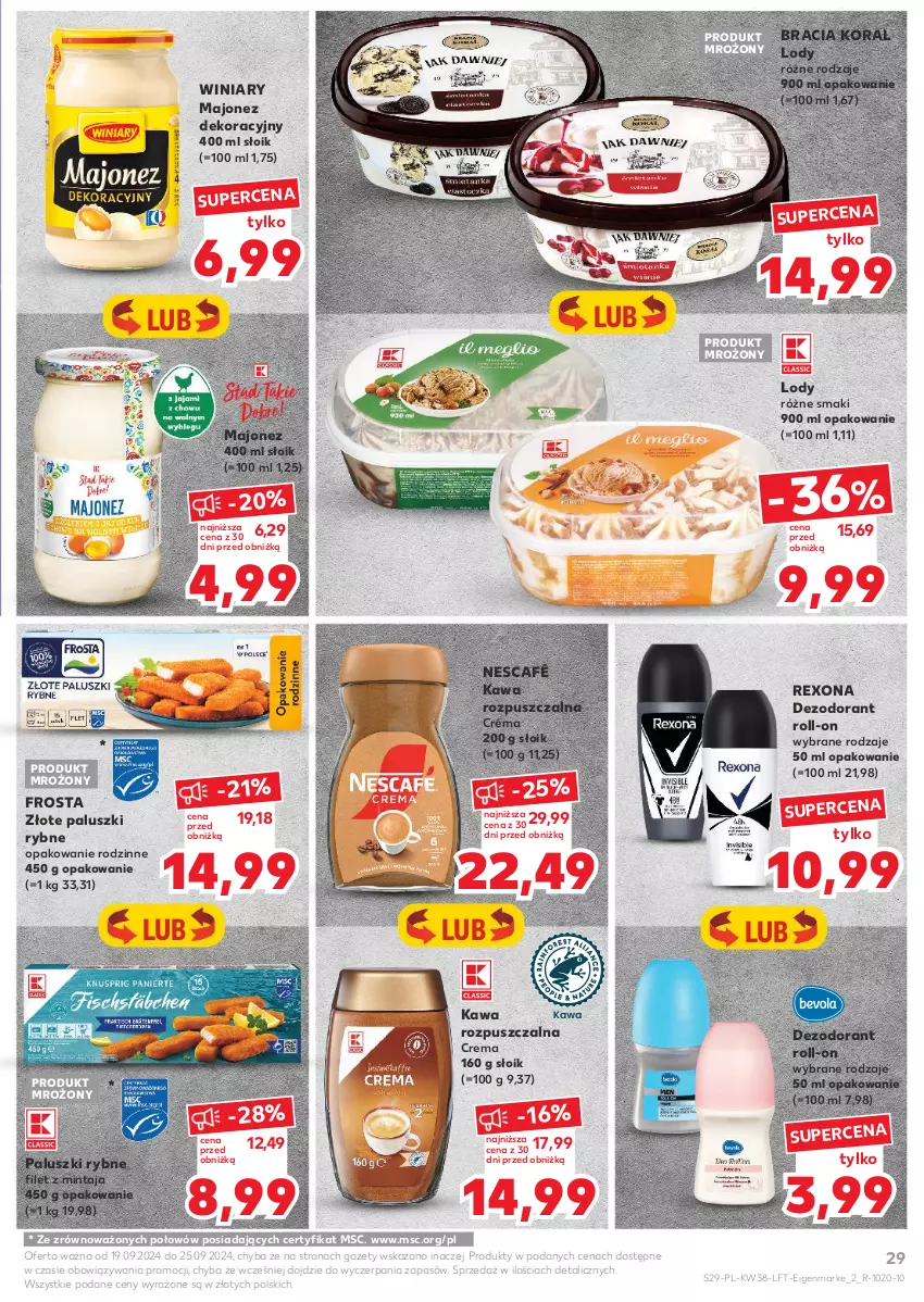 Gazetka promocyjna Kaufland - Gazetka tygodnia - ważna 19.09 do 25.09.2024 - strona 29 - produkty: Dezodorant, Filet z mintaja, Frosta, Kawa, Kawa rozpuszczalna, Lody, Majonez, Mintaj, Nescafé, Paluszki rybne, Rexona, Winiary