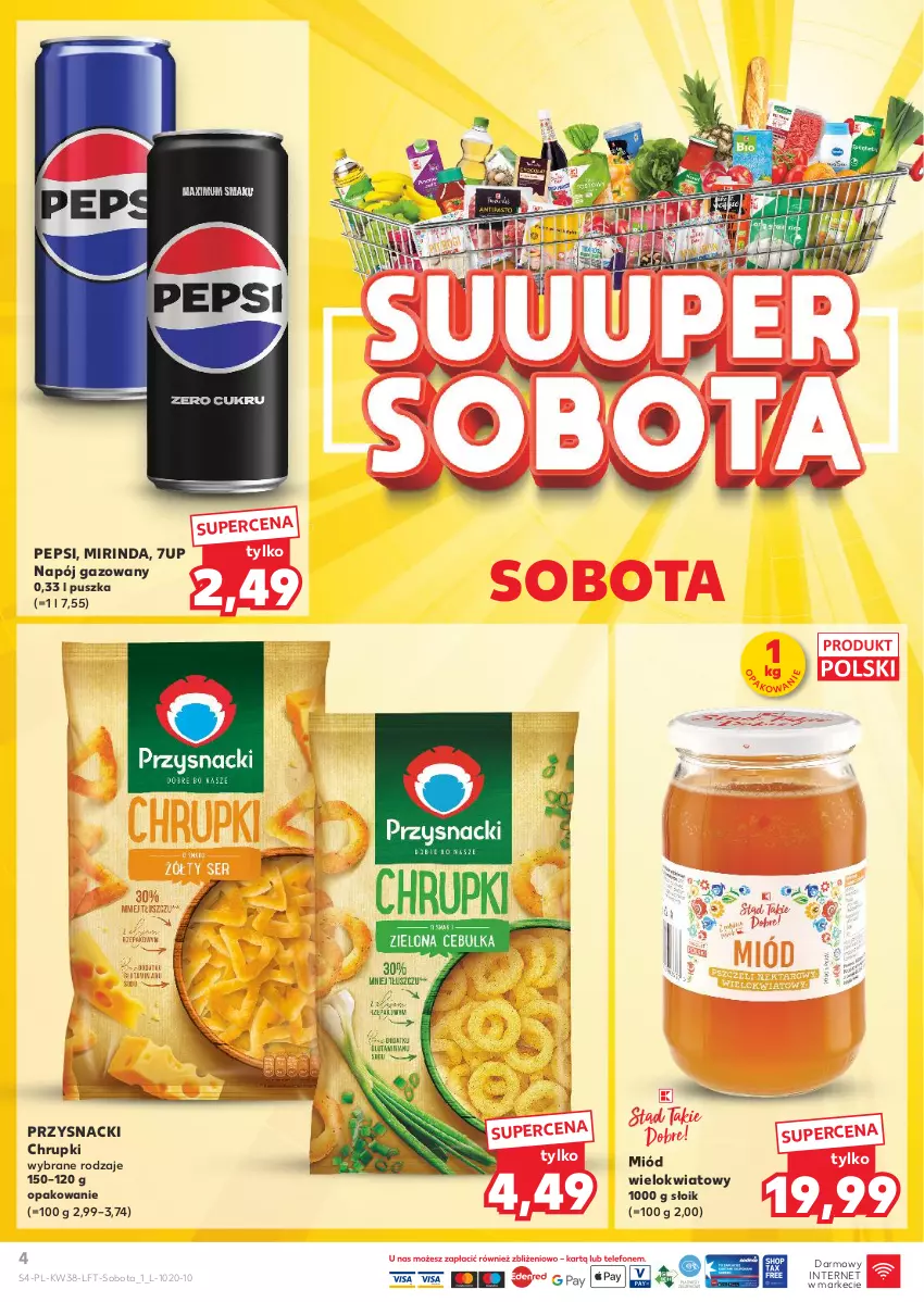 Gazetka promocyjna Kaufland - Gazetka tygodnia - ważna 19.09 do 25.09.2024 - strona 4 - produkty: 7up, Chrupki, Miód, Mirinda, Napój, Napój gazowany, Pepsi, Przysnacki