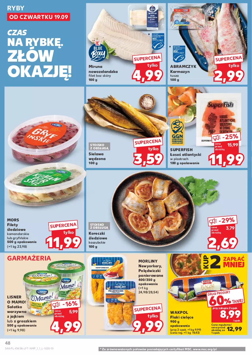 Gazetka promocyjna Kaufland - Gazetka tygodnia - ważna 19.09 do 25.09.2024 - strona 48 - produkty: Flaki, Gry, Koreczki śledziowe, Lisner, Miruna, Morliny, Polędwiczki panierowane, Sałat, Sałatka, Sałatka warzywna, Tusz