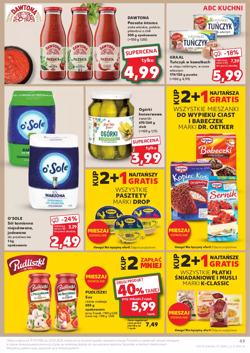 Gazetka promocyjna Kaufland - Gazetka tygodnia - ważna 19.09 do 25.09.2024 - strona 49 - produkty: Danio, Dawtona, Dr. Oetker, Gra, Graal, Kawa, Mus, Ogórki konserwowe, Olej, Pasztet, Pudliszki, Ser, Sól, Sos, Tuńczyk, Waga