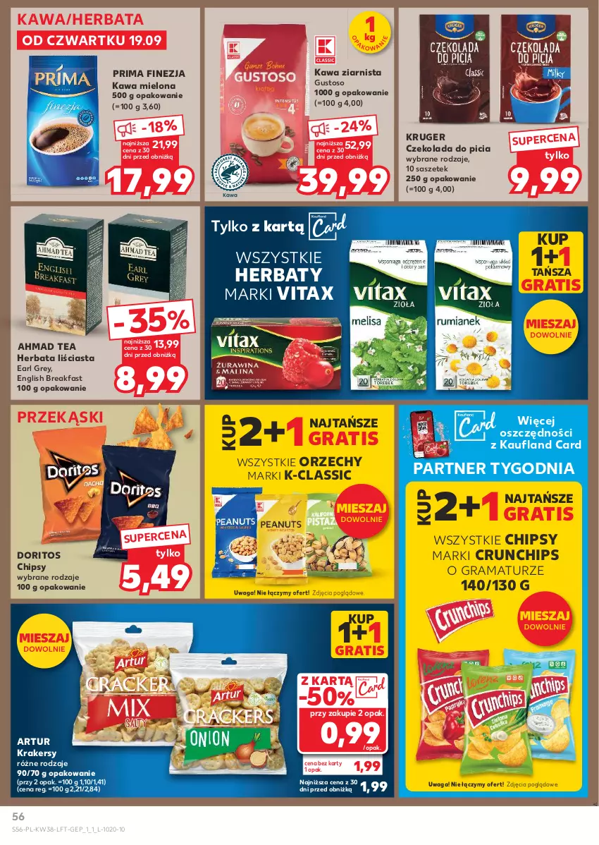 Gazetka promocyjna Kaufland - Gazetka tygodnia - ważna 19.09 do 25.09.2024 - strona 56 - produkty: Artur, Chipsy, Crunchips, Czekolada, Earl Grey, Fa, Gra, Herbata, Kawa, Kawa mielona, Kawa ziarnista, Krakersy, Prima, Rama, Vitax, Waga