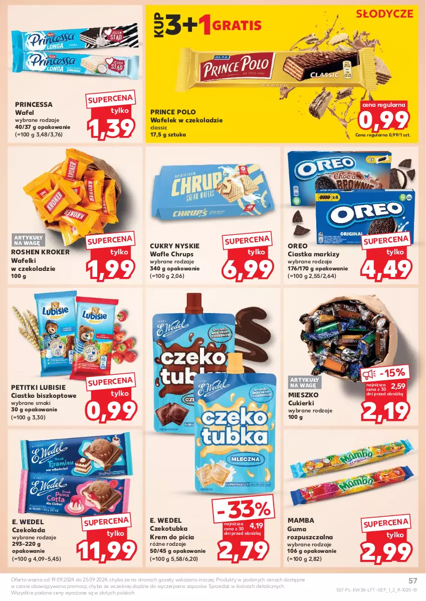 Gazetka promocyjna Kaufland - Gazetka tygodnia - ważna 19.09 do 25.09.2024 - strona 57 - produkty: Ciastka, Cukier, Cukierki, Czekolada, E. Wedel, Gra, Guma rozpuszczalna, Lubisie, Mamba, Oreo, Prince Polo, Princessa, Wafelek, Wafle