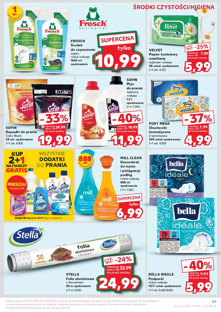 Gazetka promocyjna Kaufland - Gazetka tygodnia - ważna 19.09 do 25.09.2024 - strona 65 - produkty: Bell, Bella, Chusteczki, Chusteczki kosmetyczne, Folia aluminiowa, Foxy, Frosch, Gra, Kapsułki do prania, Lack, Papier, Papier toaletowy, Płyn do prania, Podpaski, Velvet, Waga