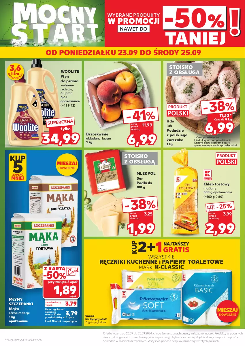 Gazetka promocyjna Kaufland - Gazetka tygodnia - ważna 19.09 do 25.09.2024 - strona 74 - produkty: Brzoskwinie, Chleb, Chleb tostowy, Gra, Kurczak, Mąka, Olej, Papier, Płyn do prania, Podlaski, Ręcznik, Ser, Waga, Woolite