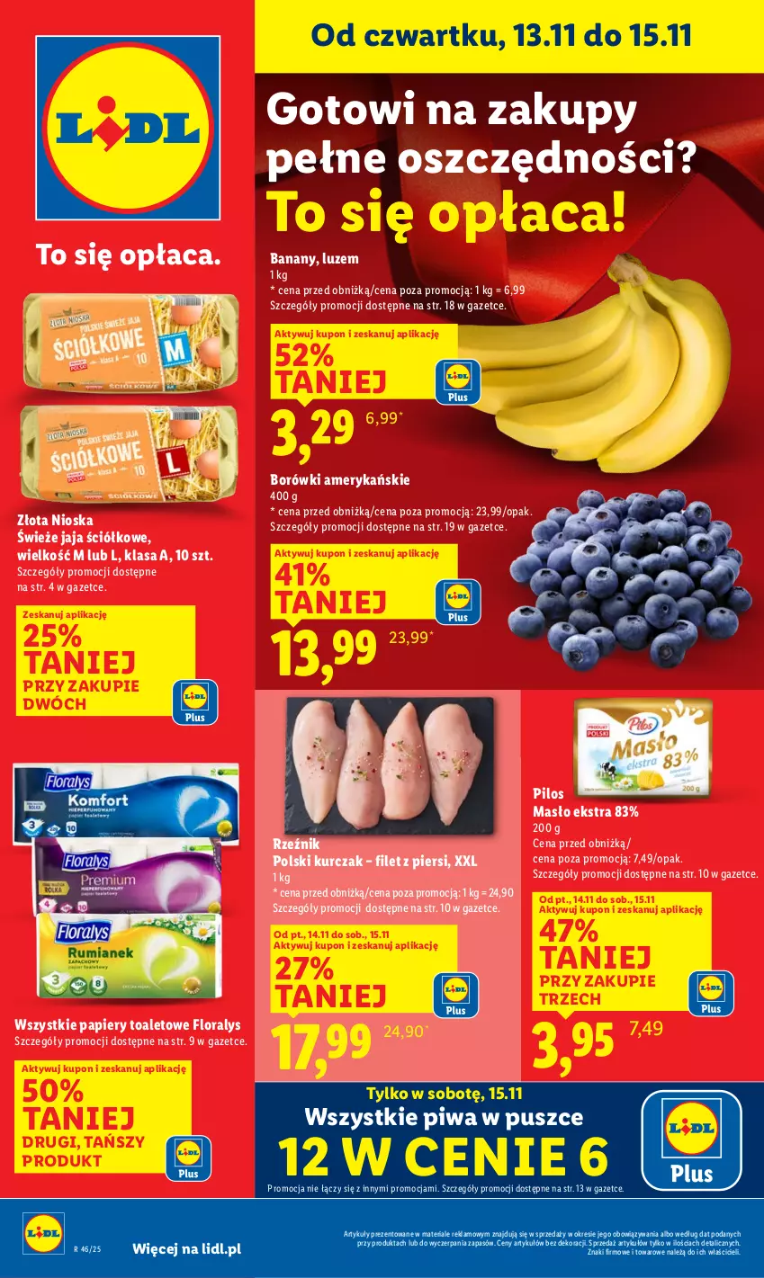 Gazetka promocyjna Lidl - GAZETKA - ważna 13.11 do 15.11.2025 - strona 1 - produkty: Banany, Flora, Jaja, Kurczak, Masło, Papier, Pilos, Piwa
