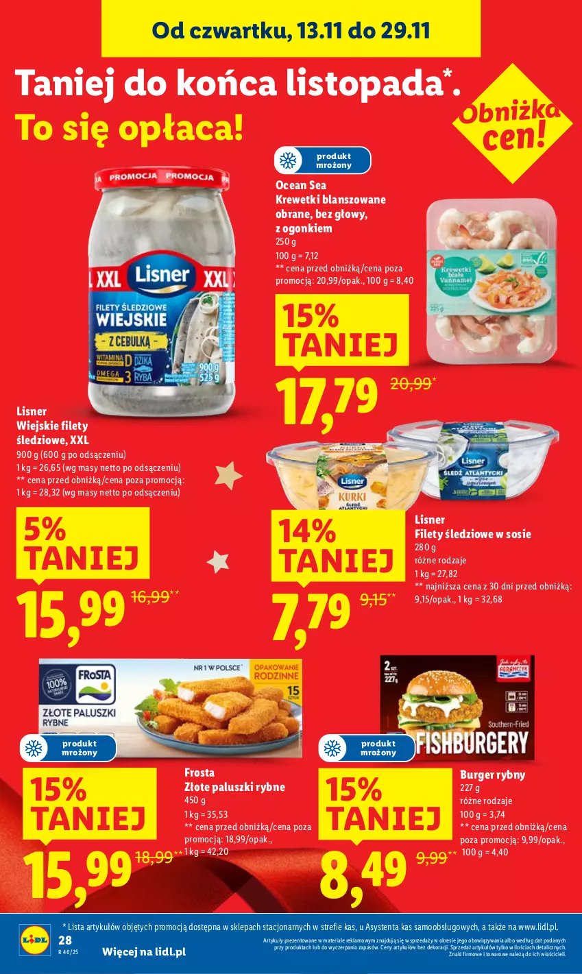 Gazetka promocyjna Lidl - GAZETKA - ważna 13.11 do 15.11.2025 - strona 28 - produkty: Burger, Frosta, Krewetki, Lisner, Paluszki rybne, Sos, Top