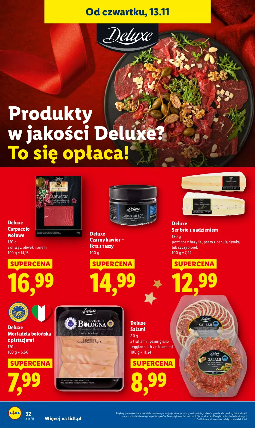 Gazetka promocyjna Lidl - GAZETKA - ważna 13.11 do 15.11.2025 - strona 32 - produkty: Bazyl, Brie, Carpaccio, Kawior, Pesto, Salami, Ser