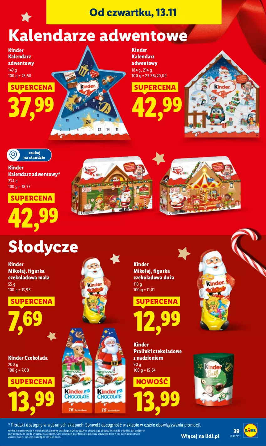 Gazetka promocyjna Lidl - GAZETKA - ważna 13.11 do 15.11.2025 - strona 39 - produkty: Czekolada, Kalendarz, Kalendarz adwentowy, Kinder