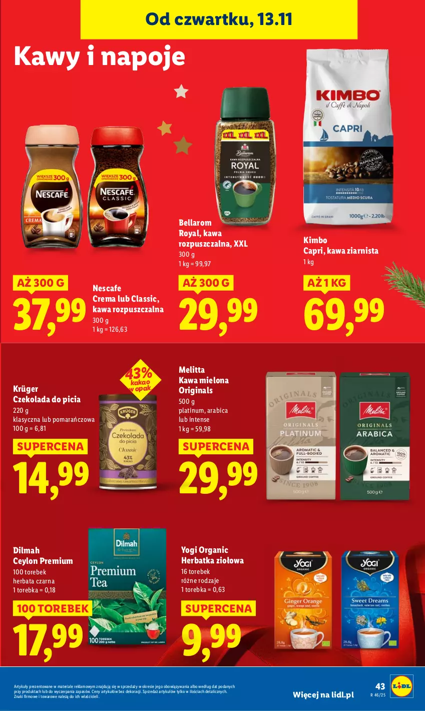 Gazetka promocyjna Lidl - GAZETKA - ważna 13.11 do 15.11.2025 - strona 43 - produkty: Bell, Bella, BIC, Czekolada, Dilmah, Gin, Herbata, Herbata czarna, Kawa, Kawa mielona, Kawa rozpuszczalna, Kawa ziarnista, Napoje, Torebka