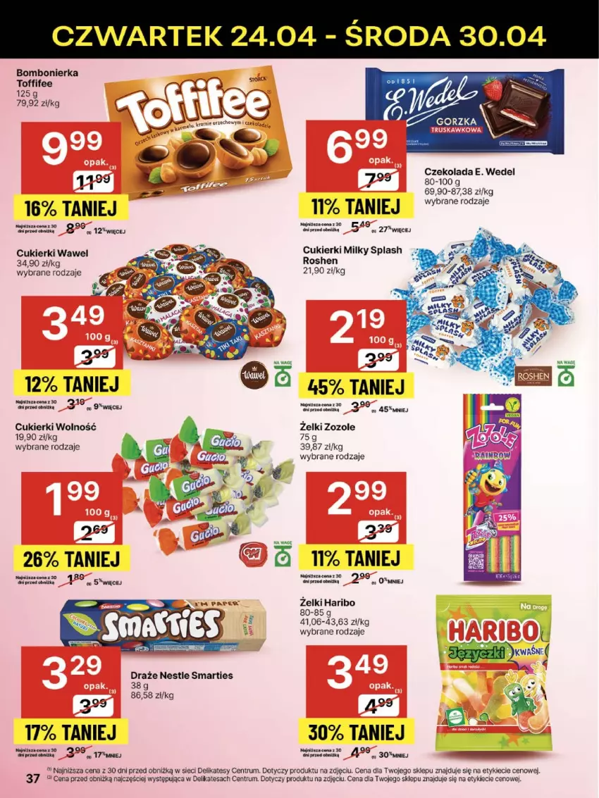 Gazetka promocyjna Delikatesy Centrum - Franczyza DC17 Czwartek - ważna 24.04 do 30.04.2025 - strona 37 - produkty: Cukier, Cukierki, Czekolada, E. Wedel, Haribo, Rum, Toffifee, Wawel