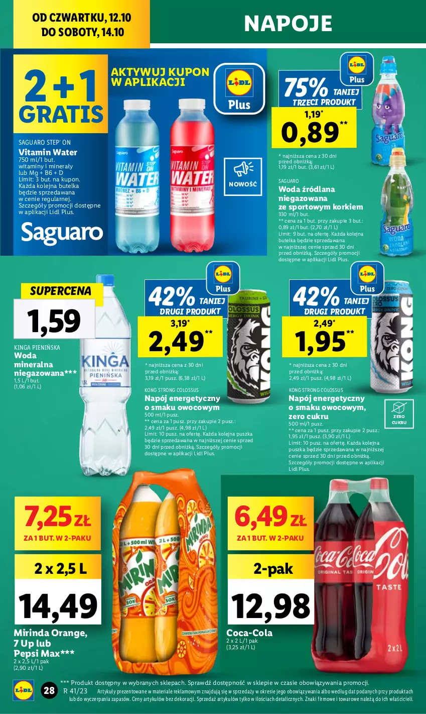 Gazetka promocyjna Lidl - GAZETKA - ważna 12.10 do 14.10.2023 - strona 38 - produkty: Coca-Cola, Gra, LANA, Mirinda, Napój, Napój energetyczny, Napoje, Olej, Pepsi, Pepsi max, Por, Sport, Woda, Woda mineralna