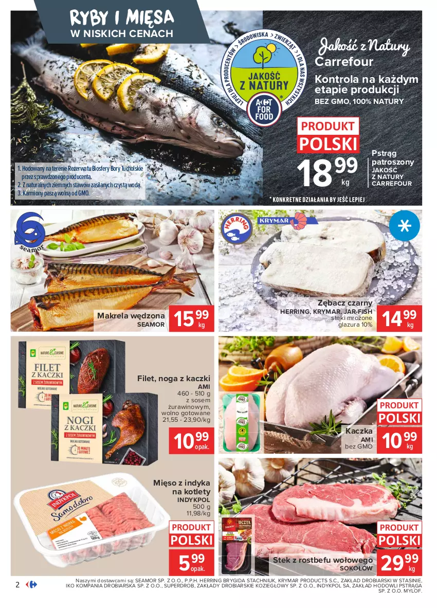 Gazetka promocyjna Carrefour - Gazetka Carrefour - ważna 08.02 do 15.02.2021 - strona 2 - produkty: Glazura, Kaczka, Karmi, Kotlet, Lazur, Mięso, Mięso z indyka, Noga z kaczki, Pstrąg, Rostbef, Silan, Sok, Sokołów, Sos, Stek, Wino