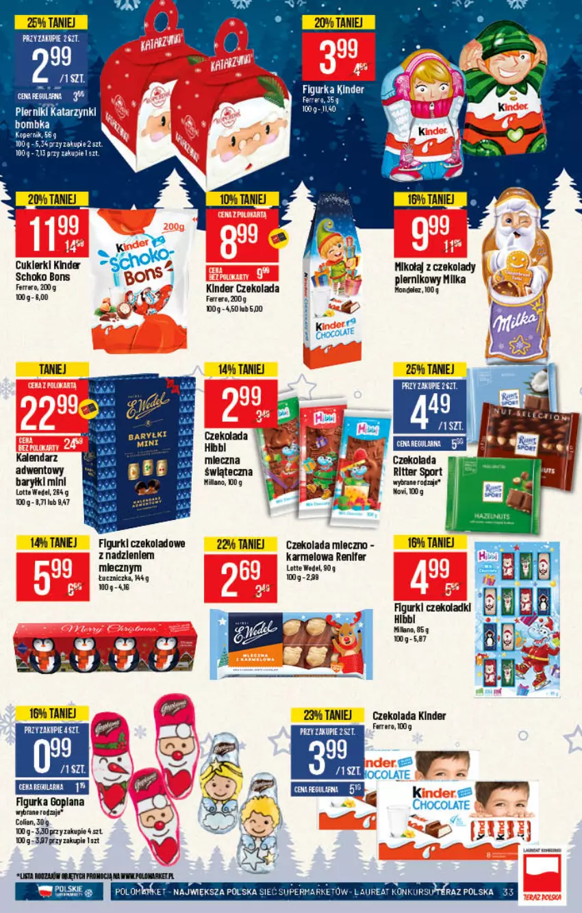 Gazetka promocyjna PoloMarket - Gazetka pomocyjna - ważna 15.12 do 21.12.2021 - strona 33 - produkty: Baryłki, Czekolada, Ferrero, Goplana, Kalendarz, Kalendarz adwentowy, Kinder, LANA, Laur, Miecz, Milka, Piernik, Por, Renifer, Ritter Sport, Sport, Tera, Znicz