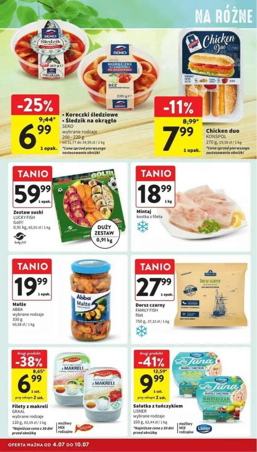 Gazetka promocyjna Intermarche - ważna 04.07 do 10.07.2024 - strona 8 - produkty: Dorsz, Fa, Gra, Graal, Koreczki śledziowe, Lisner, Małże, Sałat, Sałatka, SEKO, Sushi, Tuńczyk