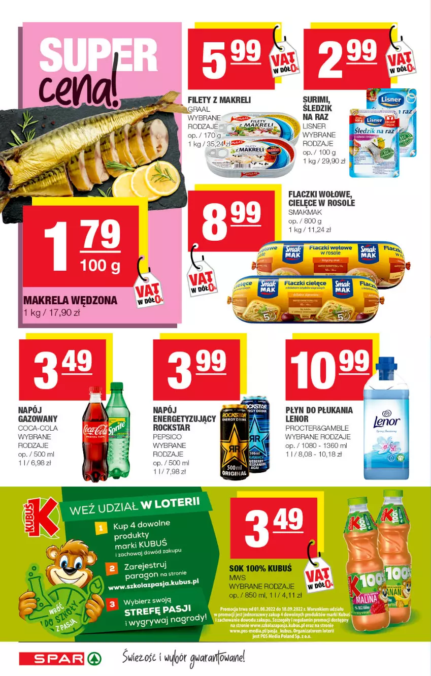 Gazetka promocyjna Spar - Spar - ważna 28.08 do 07.09.2022 - strona 8 - produkty: Coca-Cola, Flaczki wołowe, Gra, Graal, Granat, Gry, Kubuś, Lenor, LG, Lisner, Napój, Pepsi, Płyn do płukania, Sok, Surimi