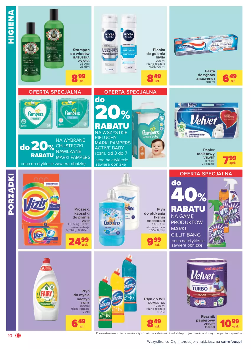 Gazetka promocyjna Carrefour - Gazetka Market - ważna 12.07 do 24.07.2021 - strona 10 - produkty: Aquafresh, Chusteczki, Cillit Bang, Coccolino, Do mycia naczyń, Domestos, Fa, Fairy, Kapsułki do prania, Nivea, Pampers, Papier, Papier toaletowy, Pasta do zębów, Pianka do golenia, Pieluchy, Płyn do mycia, Płyn do mycia naczyń, Płyn do płukania, Płyn do wc, Por, Ręcznik, Szampon, Velvet, Vizir