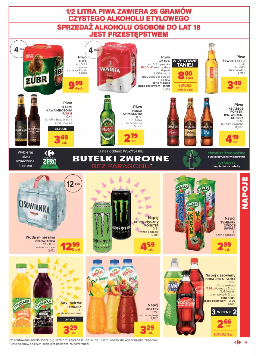 Gazetka promocyjna Carrefour - Gazetka Market - ważna 12.07 do 24.07.2021 - strona 9 - produkty: Cisowianka, Coca-Cola, Fa, Fanta, Gra, Hortex, Karmi, Kawa, Kosz, Książęce, Napój, Napój energetyczny, Napój gazowany, Napoje, Nektar, Owoce, Perła, Piwa, Piwo, Por, Sok, Tymbark, Warka, Woda, Woda mineralna