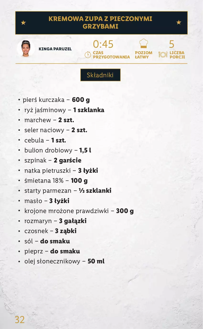 Gazetka promocyjna Lidl - KATALOG DELUXE I BELBAKE - ważna 05.11 do 31.12.2021 - strona 32 - produkty: Bulion, Cebula, Czosnek, Kurczak, Lanki, Lion, Masło, Natka pietruszki, Olej, Olej słonecznikowy, Parmezan, Piec, Pieprz, Por, Ryż, Seler naciowy, Sól, Szklanka, Szpinak, Zupa