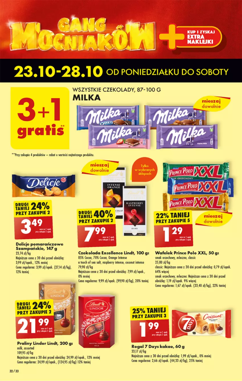 Gazetka promocyjna Biedronka - Od poniedzialku - ważna 23.10 do 28.10.2023 - strona 32 - produkty: 7 Days, Czekolada, Delicje, Kakao, Lindor, Lindt, Praliny, Prince Polo, Rogal, Wafelek