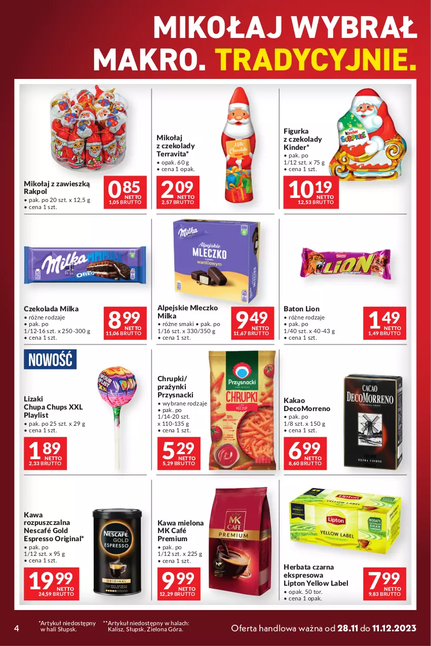 Gazetka promocyjna Makro - Mega oferty - ważna 28.11 do 11.12.2023 - strona 4 - produkty: Baton, Chrupki, Chupa Chups, Czekolada, Figurka z czekolady, Gin, Herbata, Herbata czarna, Kakao, Kawa, Kawa mielona, Kawa rozpuszczalna, Kinder, Lion, Lipton, Lizaki, Milka, Mleczko, Nescafé, Przysnacki