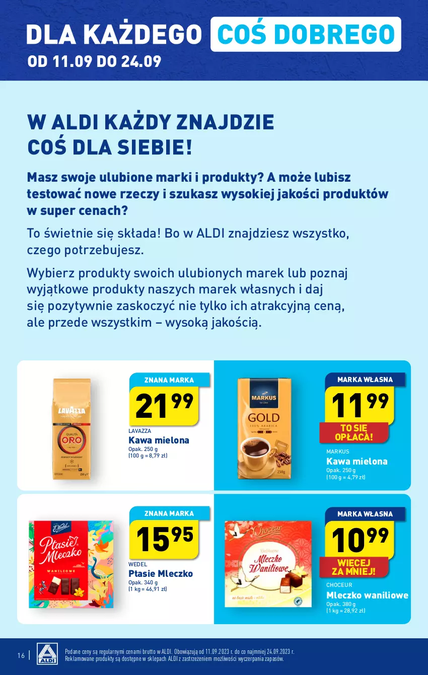 Gazetka promocyjna Aldi - Pełna oferta - ważna 11.09 do 16.09.2023 - strona 16 - produkty: Kawa, Kawa mielona, Koc, Lavazza, Mleczko, Ptasie mleczko, Sok