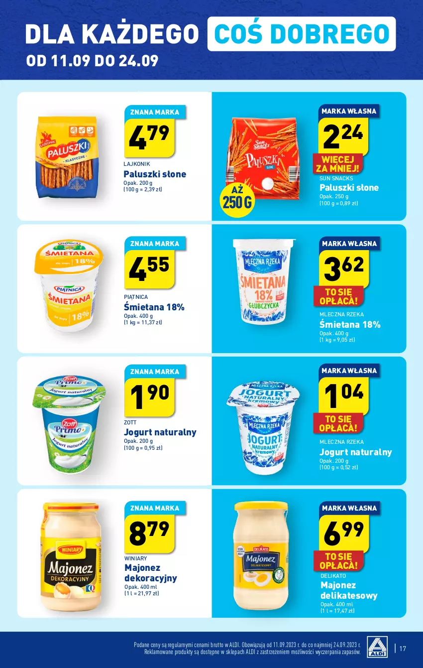 Gazetka promocyjna Aldi - Pełna oferta - ważna 11.09 do 16.09.2023 - strona 17 - produkty: Jogurt, Jogurt naturalny, Lajkonik, Majonez, Mleczna Rzeka, Piątnica, Winiary, Zott