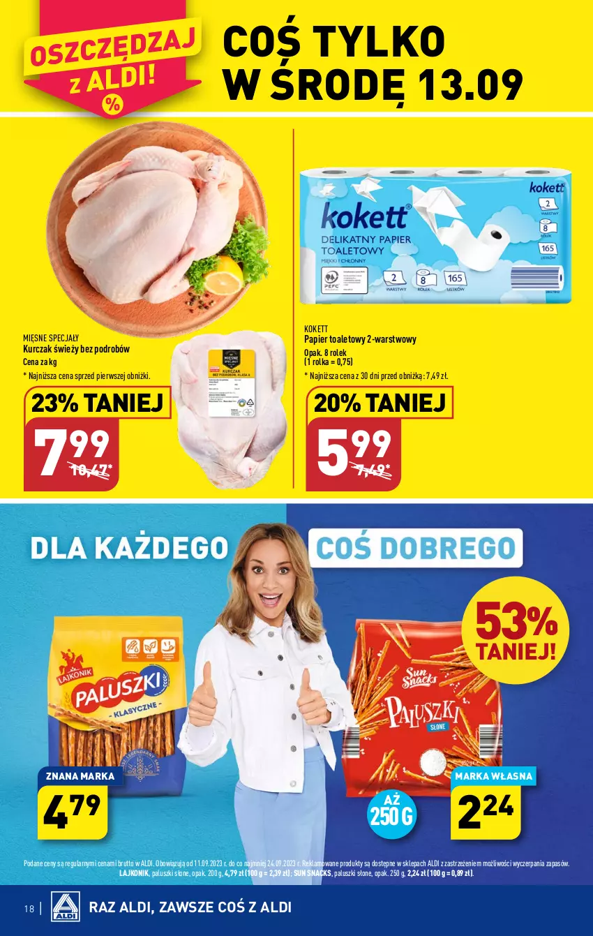 Gazetka promocyjna Aldi - Pełna oferta - ważna 11.09 do 16.09.2023 - strona 18 - produkty: Kurczak, Lajkonik, Mięsne specjały, Papier, Papier toaletowy