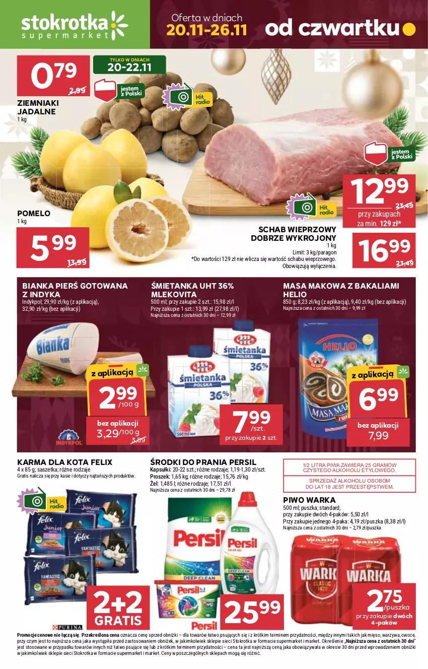 Gazetka promocyjna Stokrotka - Supermarket - ważna 20.11 do 26.11.2025 - strona 1 - produkty: Bianka, Felix, Gra, Helio, Mięso, Mleko, Mlekovita, Owoce, Persil, Piwa, Piwo, Pomelo, Schab wieprzowy, Warka, Warzywa, Ziemniaki