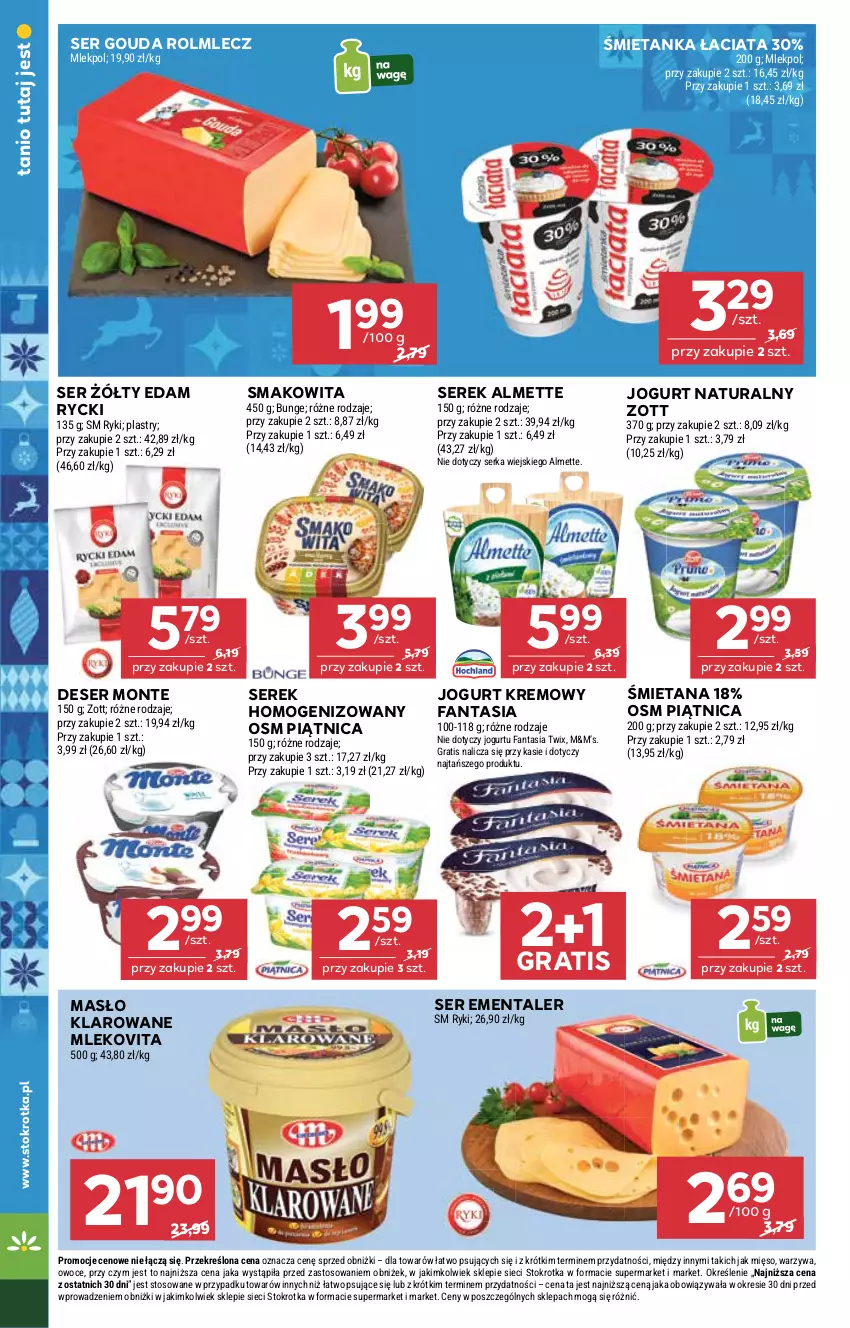 Gazetka promocyjna Stokrotka - Supermarket - ważna 20.11 do 26.11.2025 - strona 12 - produkty: Almette, Deser, Edam, Ementaler, Fa, Fanta, Gouda, Gra, Jogurt, Jogurt naturalny, Masło, Masło klarowane, Mięso, Mleko, Mlekovita, Monte, Owoce, Piątnica, Rolmlecz, Ser, Serek, Serek homogenizowany, Smakowita, Twix, Warzywa, Zott