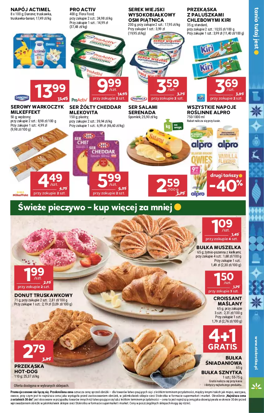 Gazetka promocyjna Stokrotka - Supermarket - ważna 20.11 do 26.11.2025 - strona 13 - produkty: Actimel, Alpro, Bułka, Cheddar, Chleb, Croissant, Danio, Danone, Donut, Flora, Gra, Koc, Mięso, Mleko, Mlekovita, Mus, Napój, Napoje, Owoce, Piątnica, Piec, Pieczywo, Salami, Ser, Ser salami, Serek, Serek wiejski, Sok, Warzywa
