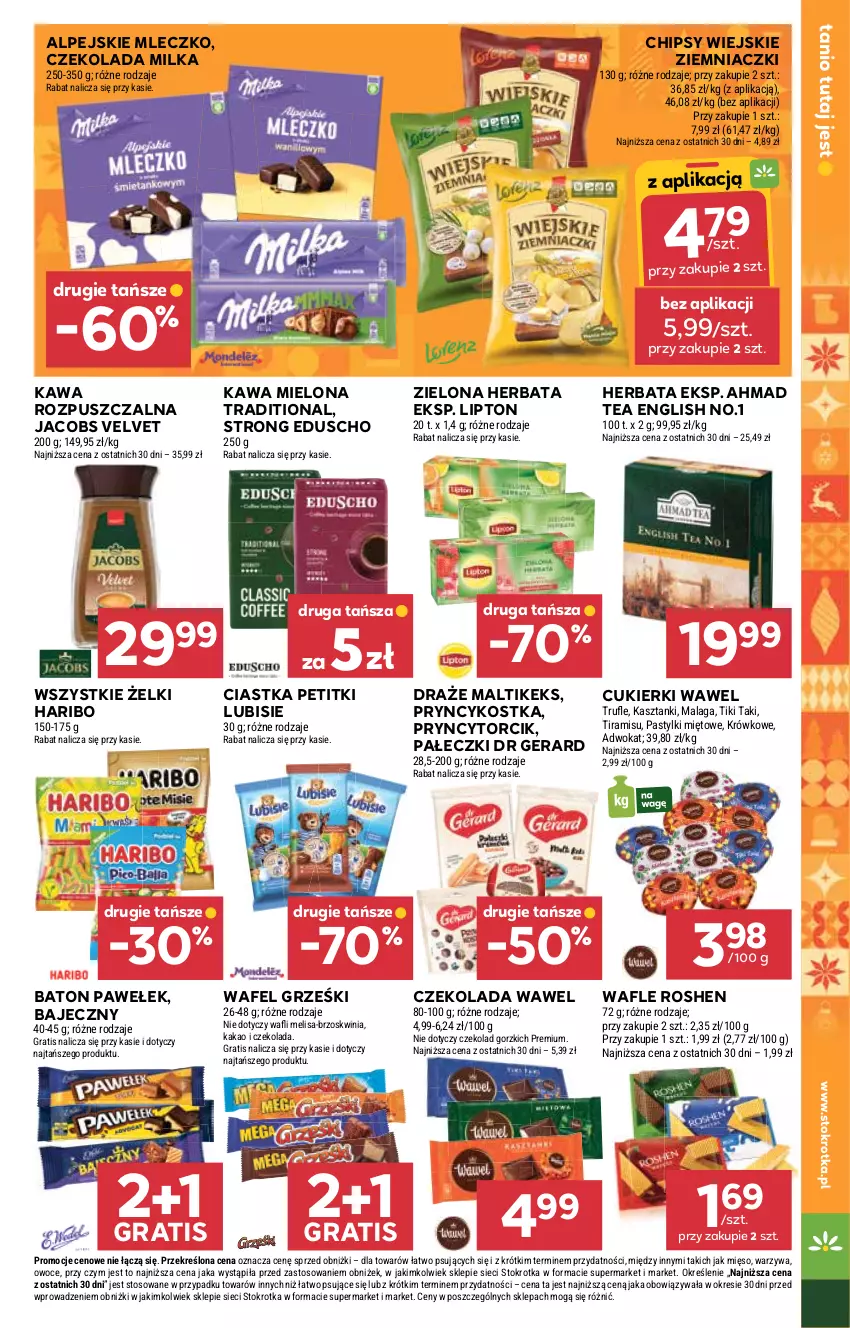 Gazetka promocyjna Stokrotka - Supermarket - ważna 20.11 do 26.11.2025 - strona 17 - produkty: Baton, Chipsy, Ciastka, Cukier, Cukierki, Czekolada, Dr Gerard, Gra, Grześki, Haribo, Herbata, Jacobs, Jacobs Velvet, Kakao, Kawa, Kawa mielona, Kawa rozpuszczalna, Lipton, Lubisie, Mięso, Milka, Mleczko, Owoce, Pastylki, Velvet, Wafle, Warzywa, Wawel