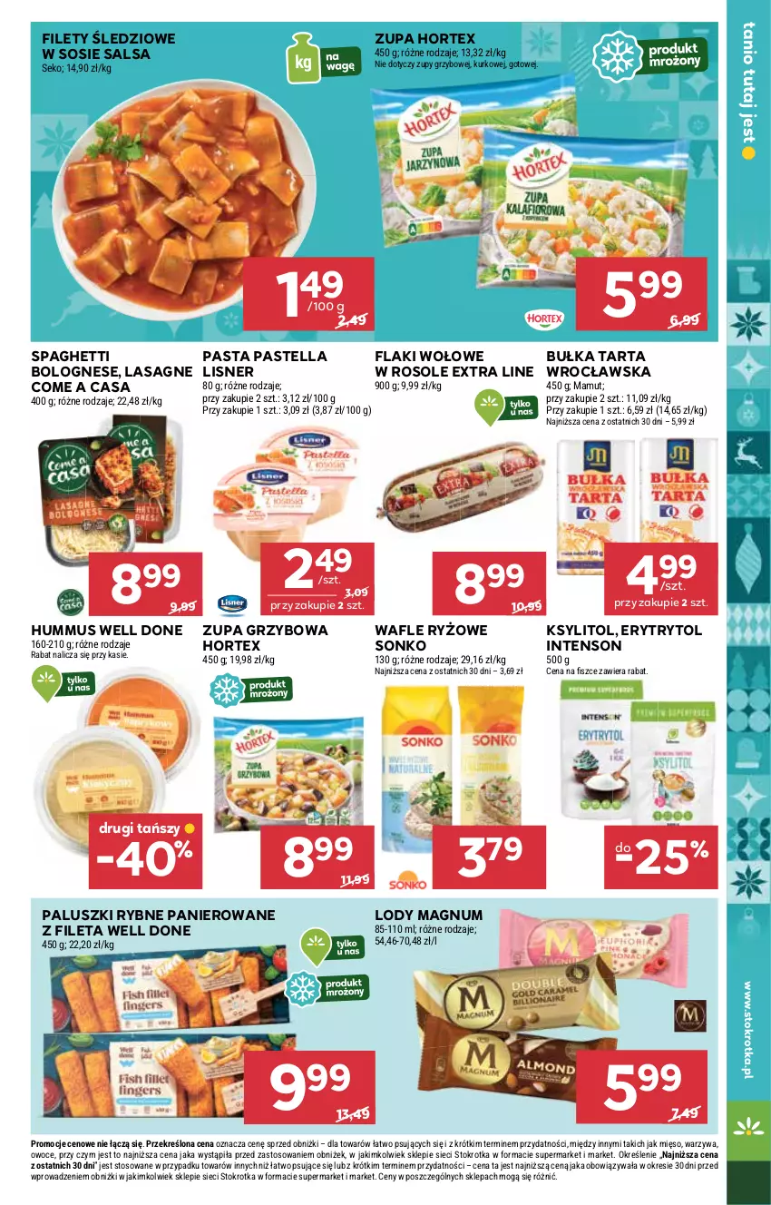 Gazetka promocyjna Stokrotka - Supermarket - ważna 20.11 do 26.11.2025 - strona 19 - produkty: Bułka, Bułka tarta, Flaki, Flaki wołowe, Hortex, Hummus, Ksylitol, Lasagne, Lisner, Lody, Mięso, Mus, Owoce, Paluszki rybne, Pastella, Ryż, Salsa, SEKO, Sonko, Sos, Spaghetti, Tarta, Wafle, Warzywa, Zupa
