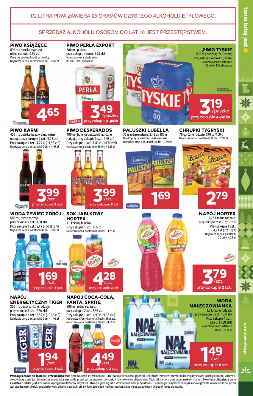 Gazetka promocyjna Stokrotka - Supermarket - ważna 20.11 do 26.11.2025 - strona 21 - produkty: Bell, Bella, Chrupki, Coca-Cola, Desperados, Fa, Fanta, Gra, Gry, Hortex, Karmi, Książęce, Lubella, Mięso, Nałęczowianka, Napój, Owoce, Perła, Piwa, Piwo, Por, Sok, Sok jabłkowy, Sprite, Tiger, Tyskie, Warzywa, Woda