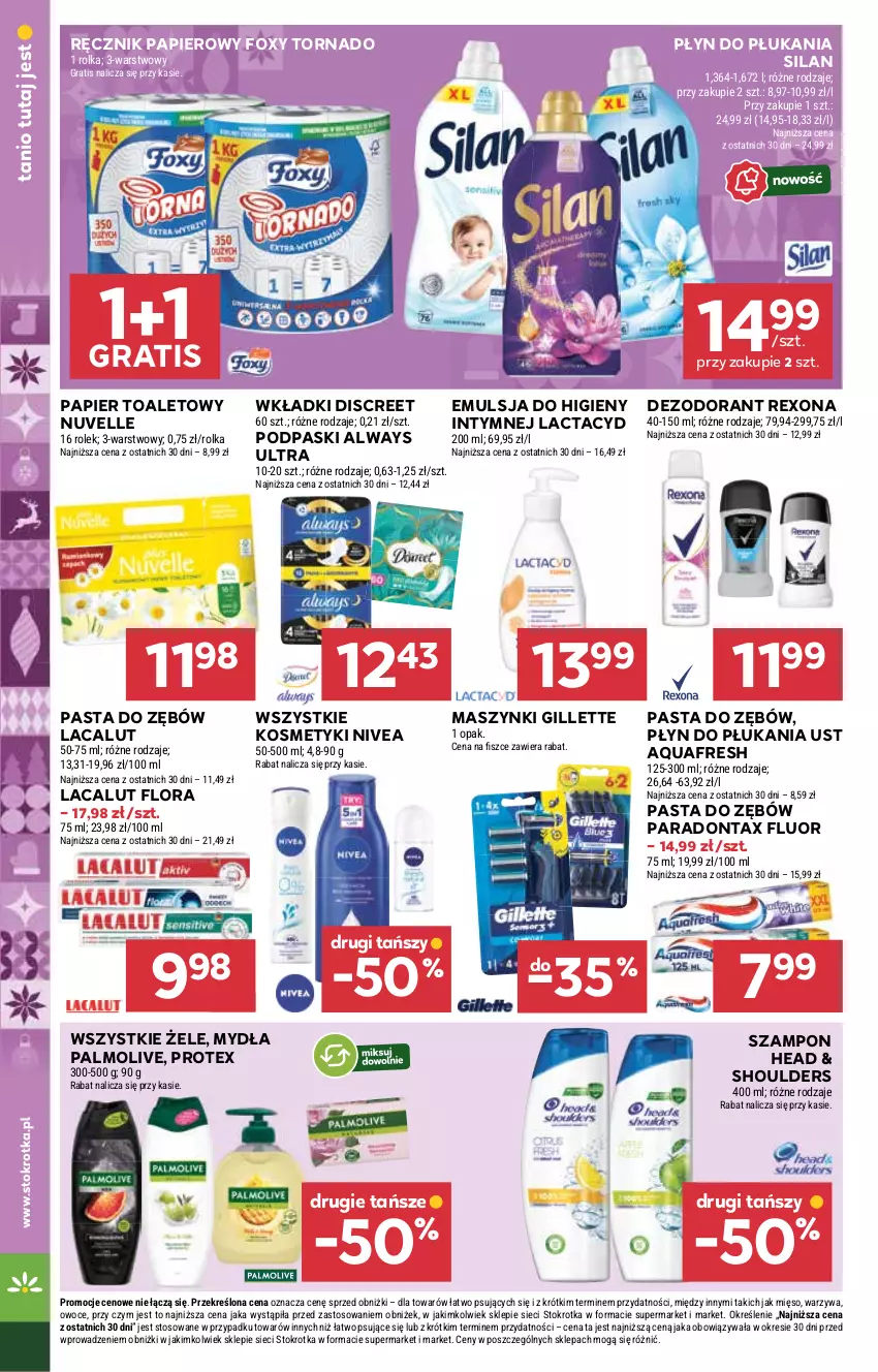 Gazetka promocyjna Stokrotka - Supermarket - ważna 20.11 do 26.11.2025 - strona 24 - produkty: Always, Always Ultra, Aquafresh, Dezodorant, Discreet, Emulsja, Flora, Foxy, Gillette, Gra, Lacalut, Lactacyd, Mięso, Nivea, Owoce, Palmolive, Papier, Papier toaletowy, Pasta do zębów, Płyn do płukania, Podpaski, Ręcznik, Rexona, Silan, Szampon, Warzywa, Wkładki