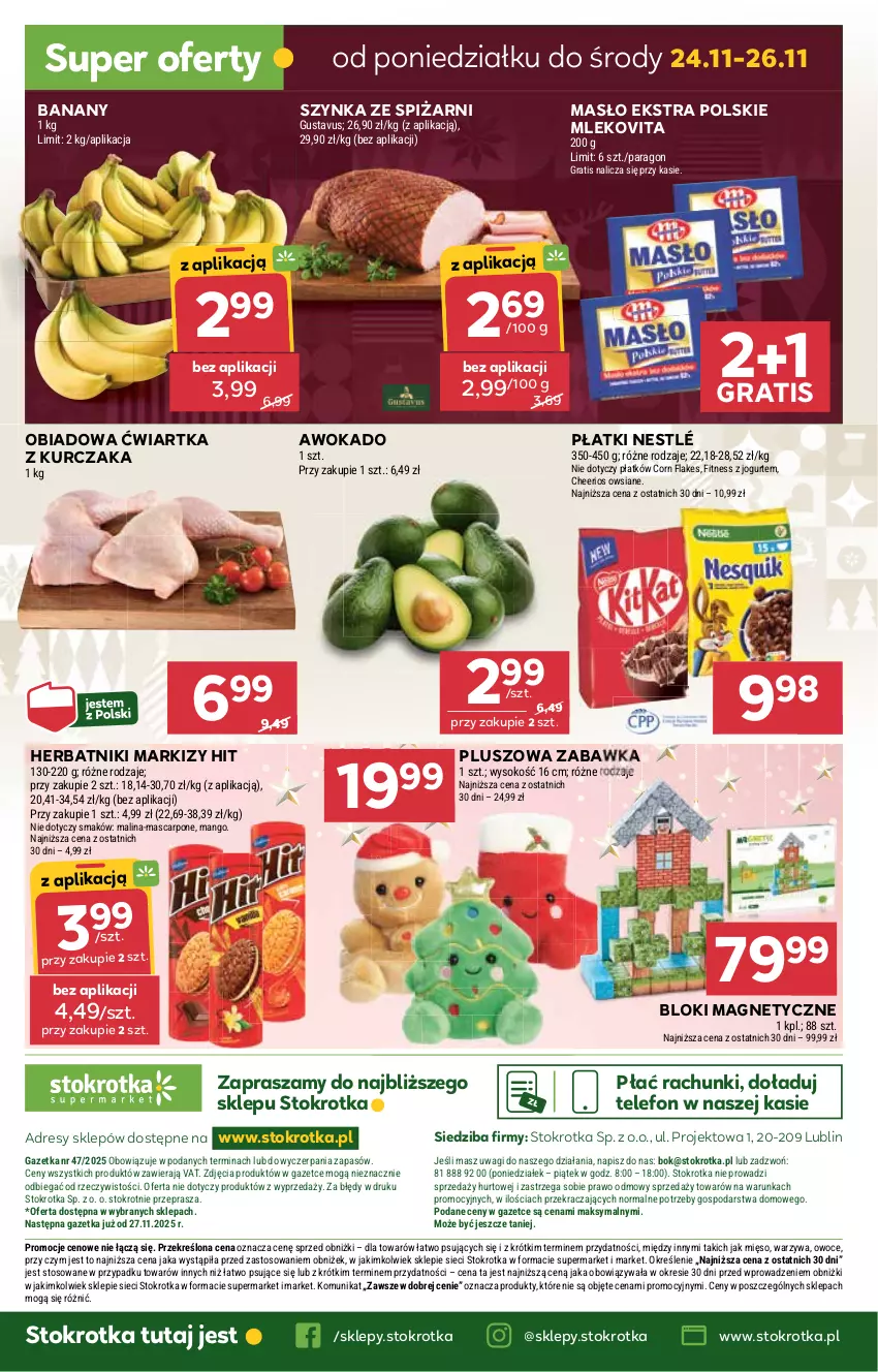 Gazetka promocyjna Stokrotka - Supermarket - ważna 20.11 do 26.11.2025 - strona 36 - produkty: Banany, Cheerios, Corn flakes, Dres, Gra, Herbatniki, JBL, Jogurt, Kurczak, Mango, Mascarpone, Masło, Mięso, Mleko, Mlekovita, Nestlé, O nas, Owoce, Sok, Szynka, Telefon, Wagi, Warzywa, Zabawka