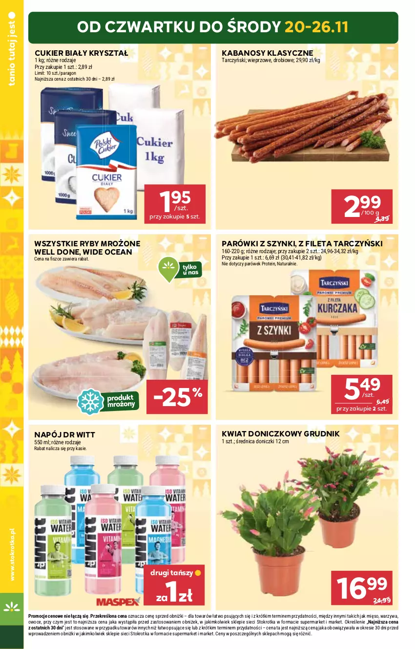 Gazetka promocyjna Stokrotka - Supermarket - ważna 20.11 do 26.11.2025 - strona 4 - produkty: Cukier, Kabanos, Mięso, Napój, Owoce, Parówki, Parówki z szynki, Tarczyński, Warzywa
