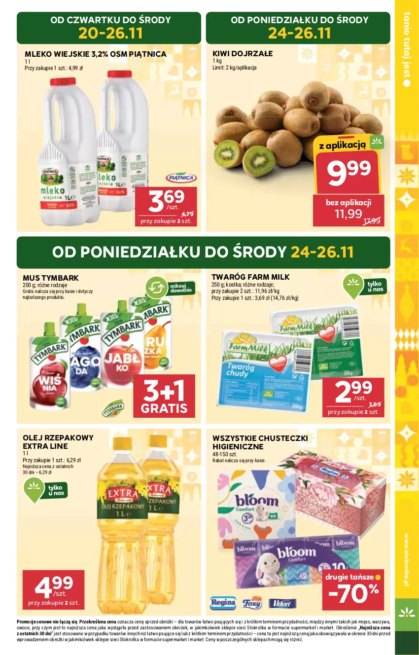 Gazetka promocyjna Stokrotka - Supermarket - ważna 20.11 do 26.11.2025 - strona 5 - produkty: Chusteczki, Fa, Farm Milk, Gra, Kiwi, Mięso, Mleko, Mus, Olej, Olej rzepakowy, Owoce, Piątnica, Twaróg, Tymbark, Warzywa