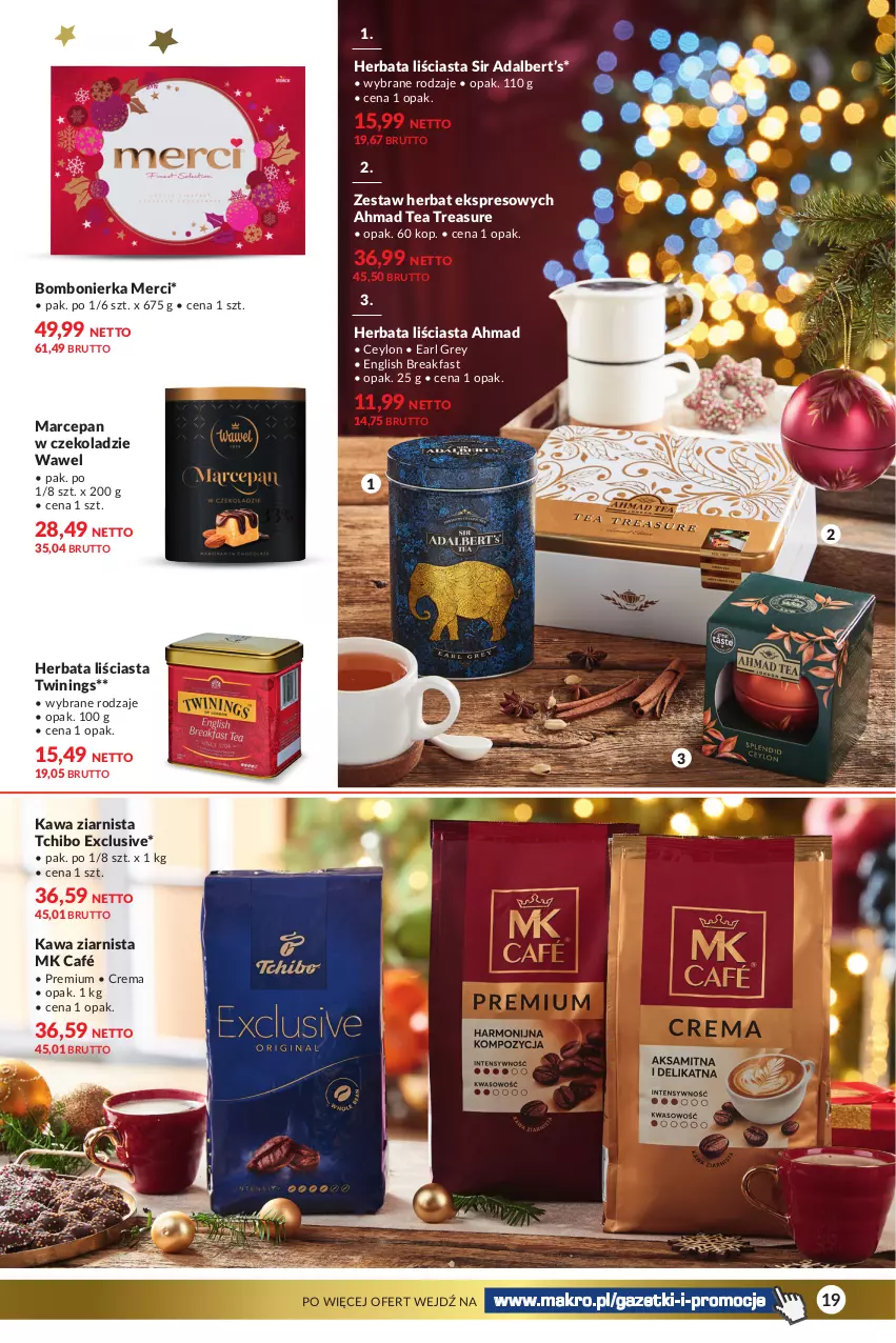 Gazetka promocyjna Makro - Katalog Delikatesy - ważna 28.11 do 24.12.2023 - strona 19 - produkty: Earl Grey, Fa, Herbata, Kawa, Kawa ziarnista, Merci, Tchibo, Wawel