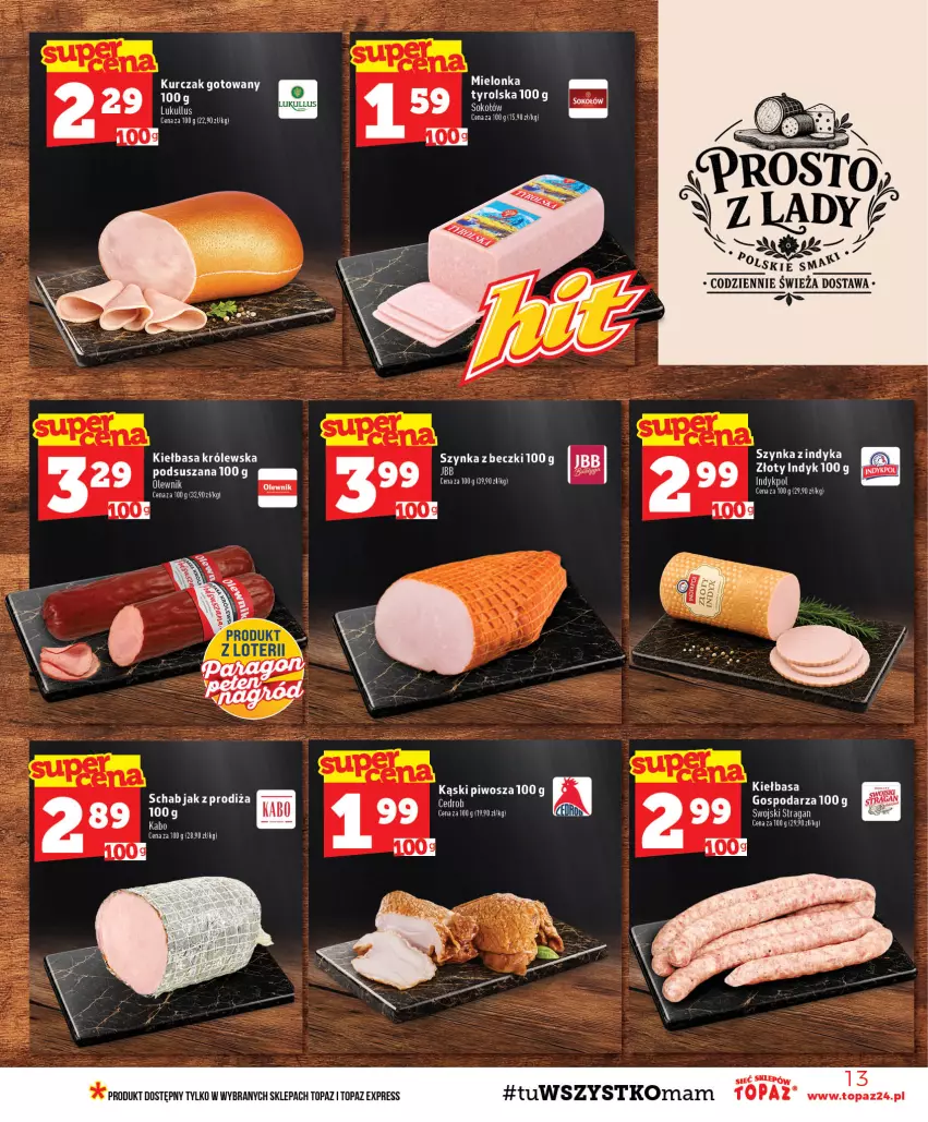 Gazetka promocyjna Topaz - Gazetka - ważna 08.10 do 14.10.2026 - strona 13 - produkty: Kiełbasa, LG, Piwo, Sok, Sokołów, Szynka, Top