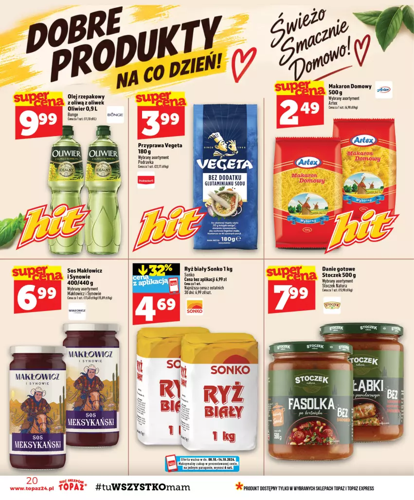 Gazetka promocyjna Topaz - Gazetka - ważna 08.10 do 14.10.2026 - strona 20 - produkty: Danie gotowe, Makaron, Olej, Olej rzepakowy, Podravka, Sonko, Sos, Top, Vegeta