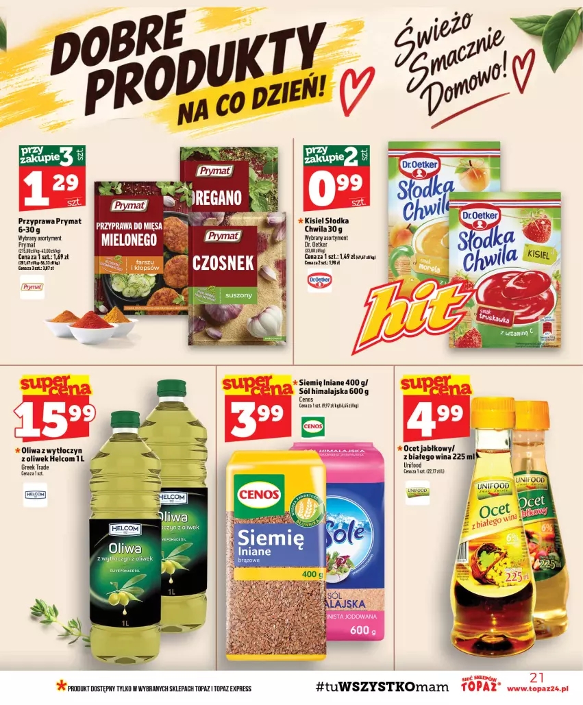 Gazetka promocyjna Topaz - Gazetka - ważna 08.10 do 14.10.2026 - strona 21 - produkty: Cenos, HELCOM, Kisiel, Ocet, Oliwa, Prymat, Siemię Iniane, Sól, Sól himalajska, Top