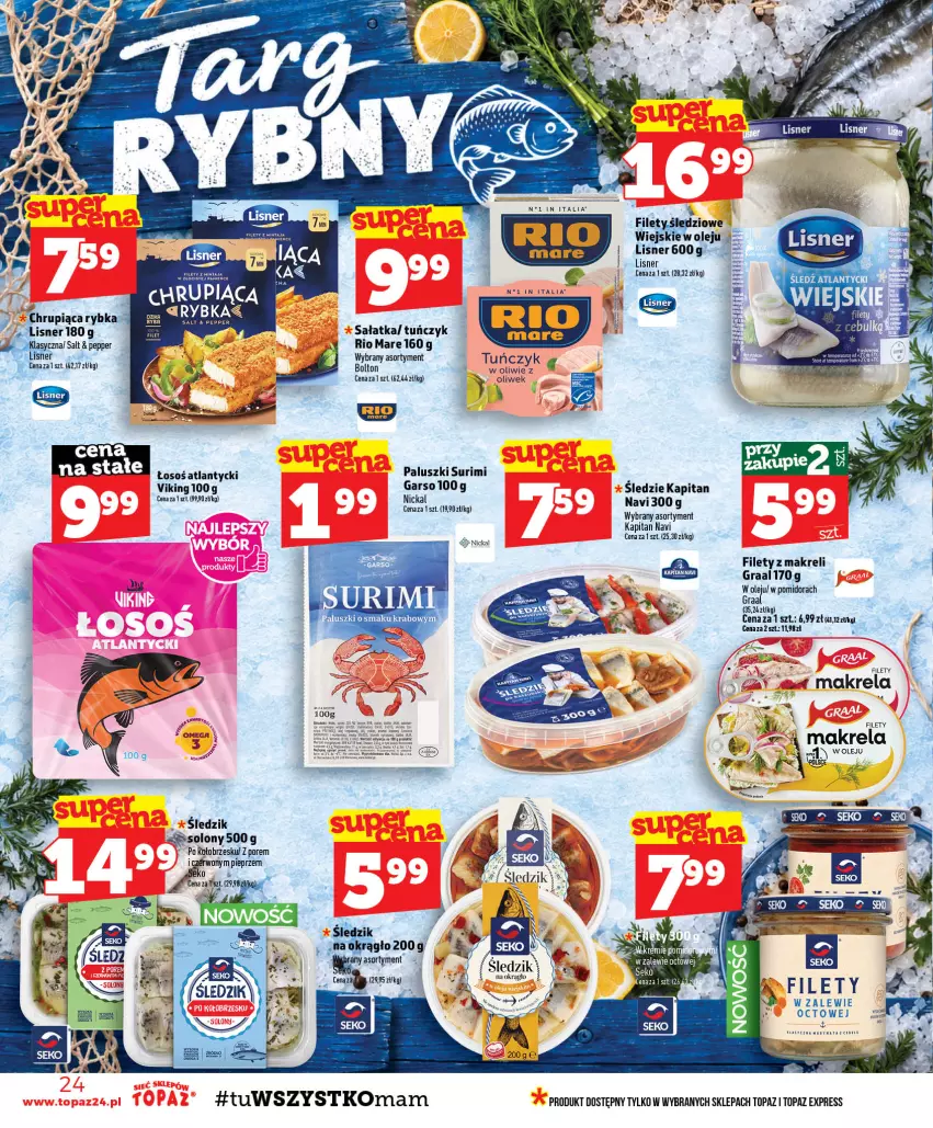 Gazetka promocyjna Topaz - Gazetka - ważna 08.10 do 14.10.2026 - strona 24 - produkty: Fa, Gra, Graal, Lisner, Olej, Pieprz, Por, Rio Mare, Sałat, Sałatka, Surimi, Top, Tuńczyk
