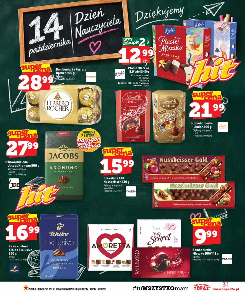 Gazetka promocyjna Topaz - Gazetka - ważna 08.10 do 14.10.2026 - strona 31 - produkty: Czekolada, Czekolada mleczna, Ferrero, Gin, Jacobs, Kawa, Kawa mielona, Koc, Lindor, Lindt, Mleczko, Ptasie mleczko, Ser, Tchibo, Top