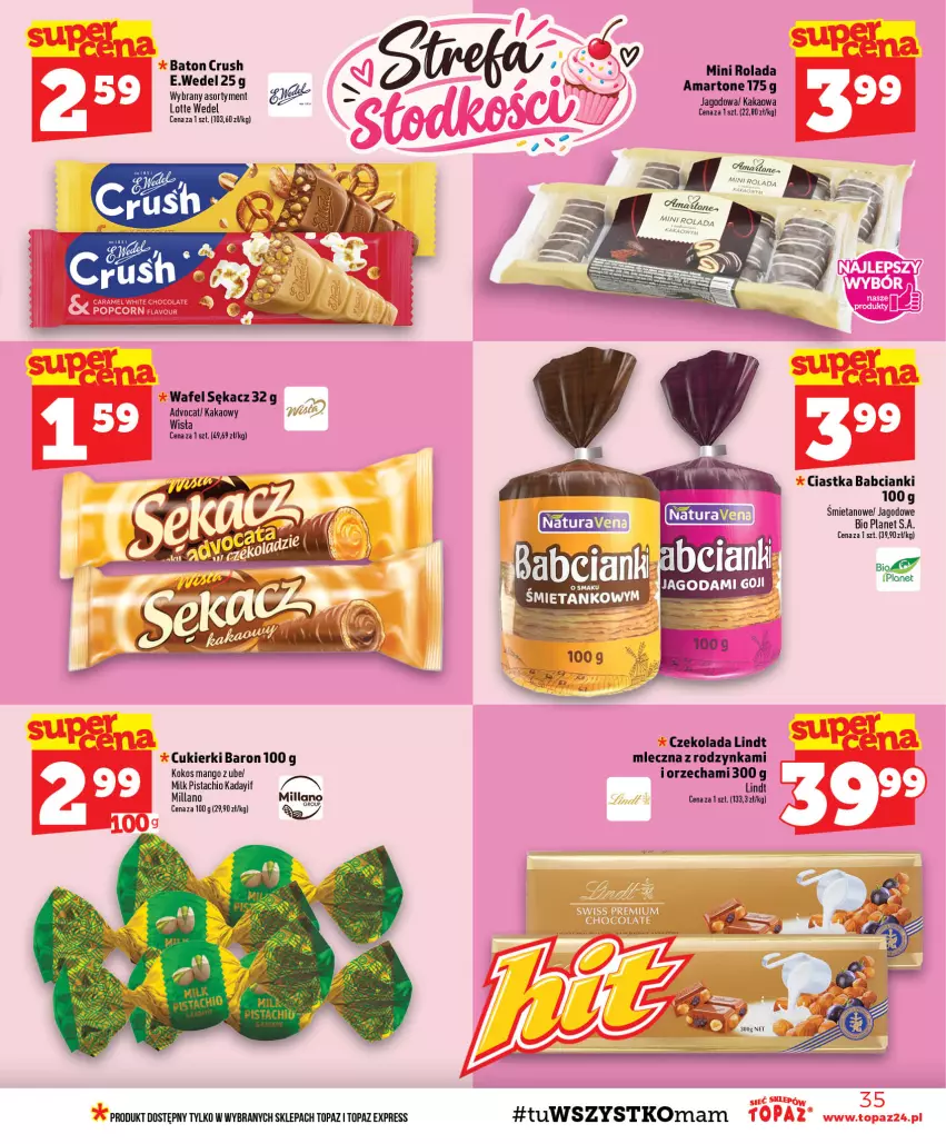 Gazetka promocyjna Topaz - Gazetka - ważna 08.10 do 14.10.2026 - strona 35 - produkty: Baton, Ciastka, Cukier, Cukierki, Czekolada, Kakao, Kokos, Lindt, Mango, Rolada, Sękacz, Top