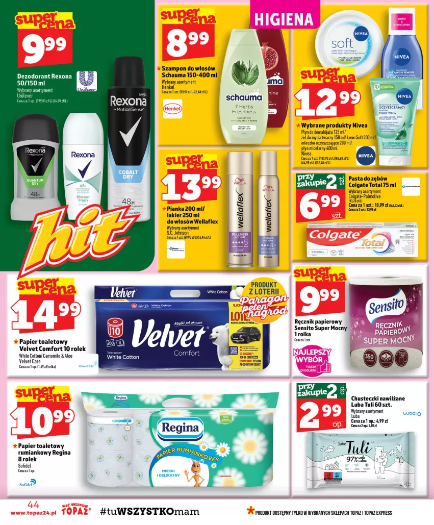 Gazetka promocyjna Topaz - Gazetka - ważna 08.10 do 14.10.2026 - strona 44 - produkty: Chusteczki, Colgate, Colgate Total, Dezodorant, Gin, Lakier, LG, Makijaż, Mleczko, Nivea, Palmolive, Papier, Papier toaletowy, Pasta do zębów, Płyn micelarny, Ręcznik, Rexona, Rum, Schauma, Sito, Szampon, Top, Velvet, Wella, Wellaflex