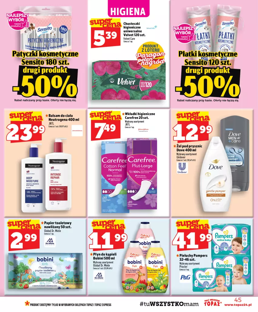 Gazetka promocyjna Topaz - Gazetka - ważna 08.10 do 14.10.2026 - strona 45 - produkty: Balsam do ciała, Body, Carefree, Chusteczki, Dove, Neutrogena, Pampers, Papier, Papier toaletowy, Pieluchy, Płyn do kąpieli, Sito, Szal, Top, Velvet, Wkładki