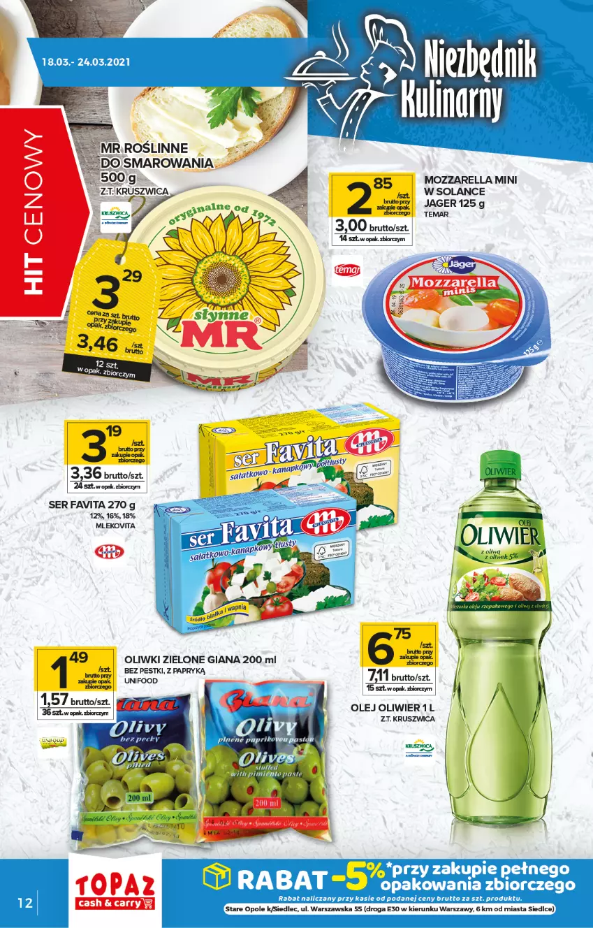 Gazetka promocyjna Topaz - Gazetka - ważna 18.03 do 24.03.2021 - strona 12 - produkty: Fa, Favita, Mleko, Mlekovita, Mozzarella, Olej, Oliwki, Oliwki zielone, Ser, Solan