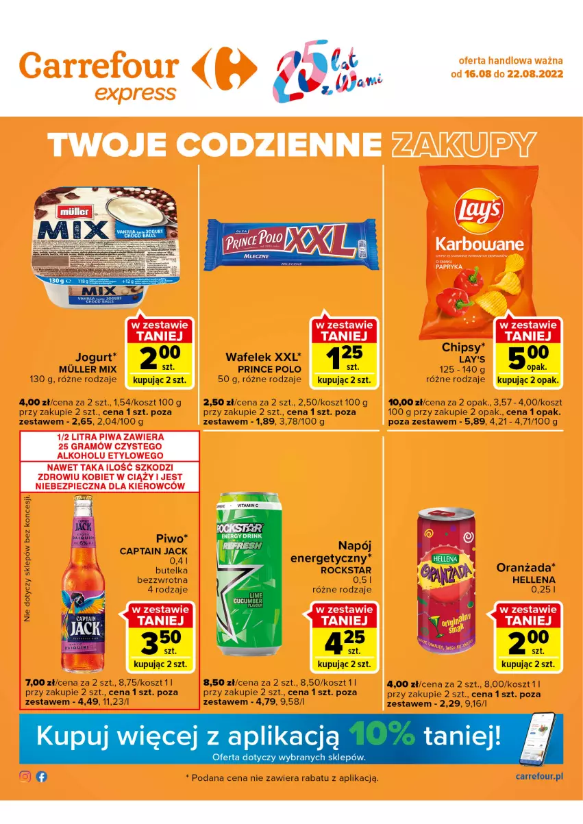 Gazetka promocyjna Carrefour - Gazetka Express - ważna 16.08 do 22.08.2022 - strona 1 - produkty: Captain Jack, Chipsy, Hellena, Jogurt, Kosz, Oranżada, Piwo, Prince Polo, Wafelek