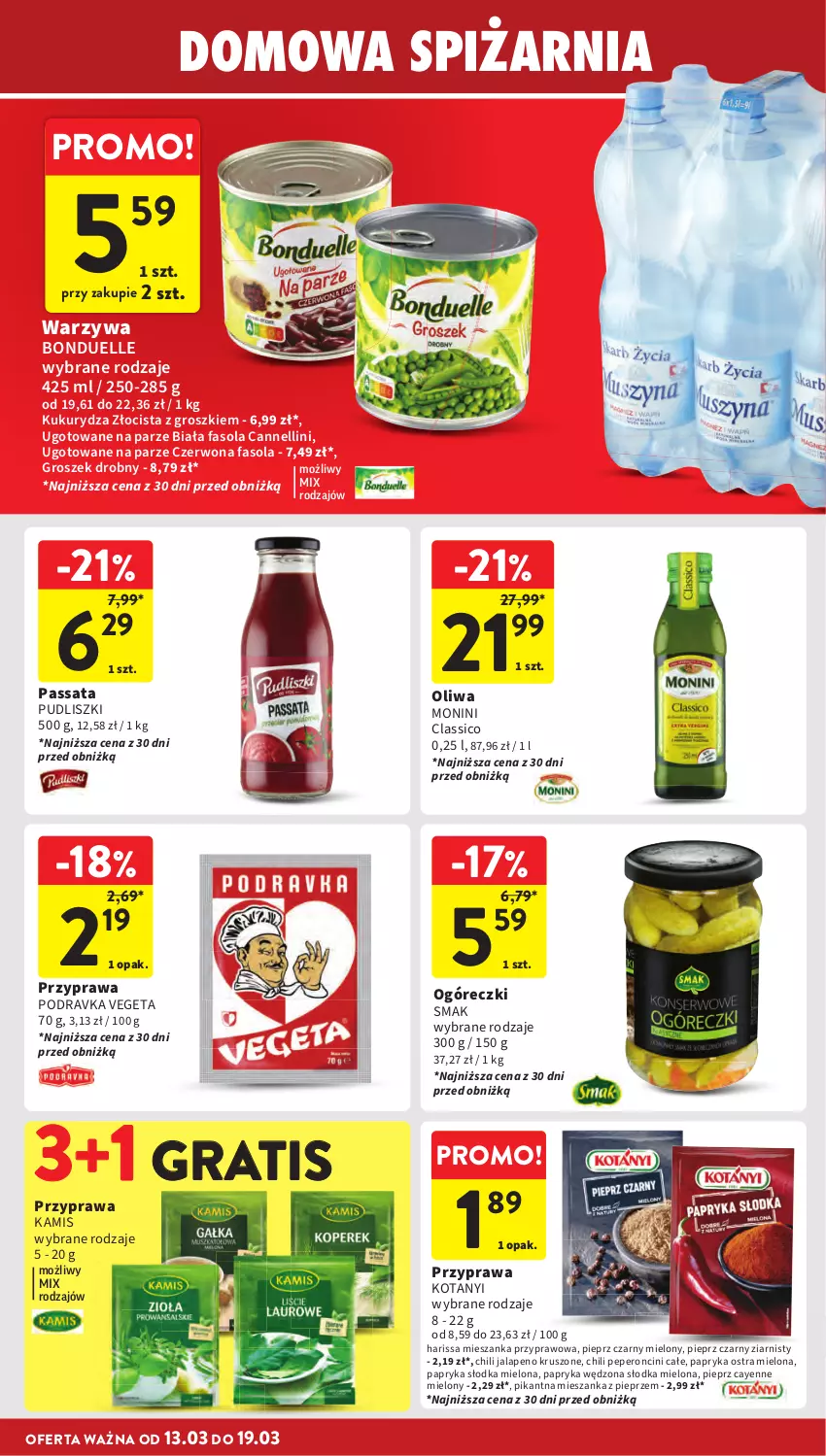 Gazetka promocyjna Intermarche - Gazetka promocyjna - ważna 13.03 do 19.03.2025 - strona 28 - produkty: Bonduelle, Fa, Fasola, Gra, Groszek, Kamis, Kukurydza, Monini, Oliwa, Papryka, Papryka słodka, Papryka wędzona, Pieprz, Podravka, Pudliszki, Vegeta, Warzywa