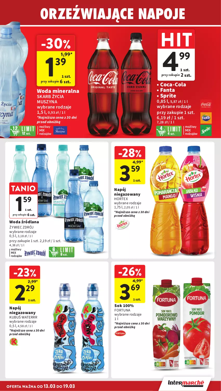 Gazetka promocyjna Intermarche - Gazetka promocyjna - ważna 13.03 do 19.03.2025 - strona 29 - produkty: Coca-Cola, Fa, Fanta, Fortuna, Hortex, Kubuś, Kubuś Waterrr, LANA, Mus, Napój, Napój niegazowany, Napoje, Sok, Sprite, Szyna, Woda, Woda mineralna